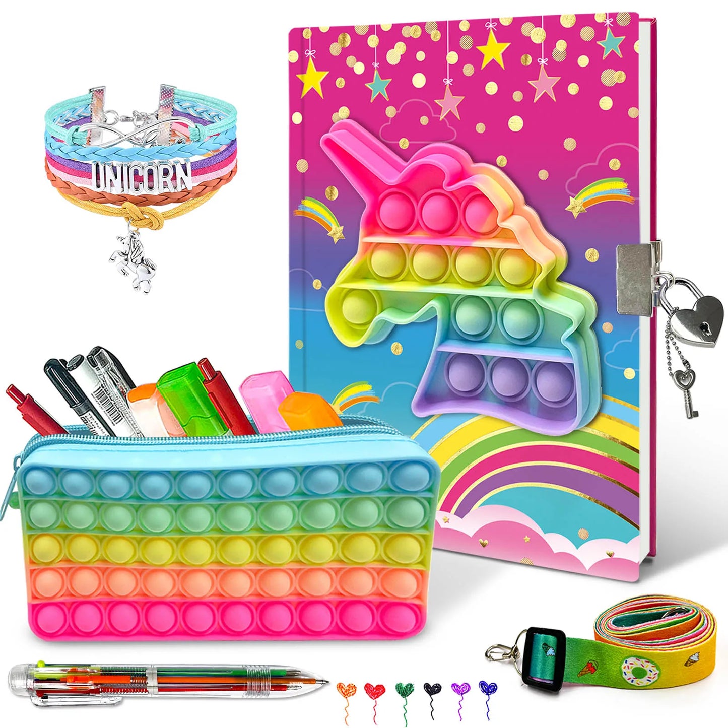 Kawaii Pop Fidget Journal Set 🎀✨ - Lockable Butterfly Diary, Colorful Pens, Adorable Pencil Case & Fashion Bracelet for Creative Kids! 🦋🖊️