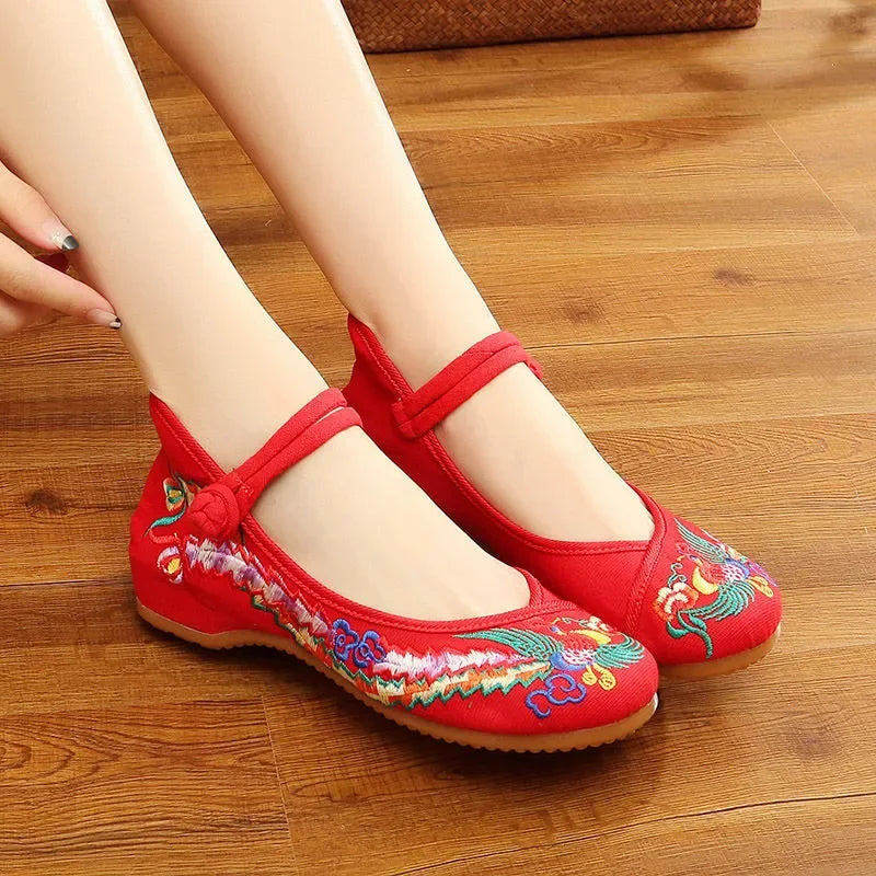 Retro Red Embroidered Ballet Flats Women Casual Anti Skid Hemp Flat Shoes 👡🌸