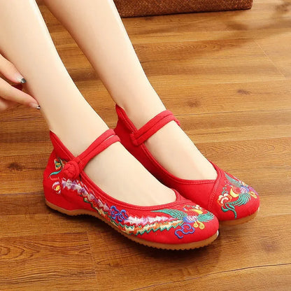 Retro Red Embroidered Ballet Flats Women Casual Anti Skid Hemp Flat Shoes 👡🌸