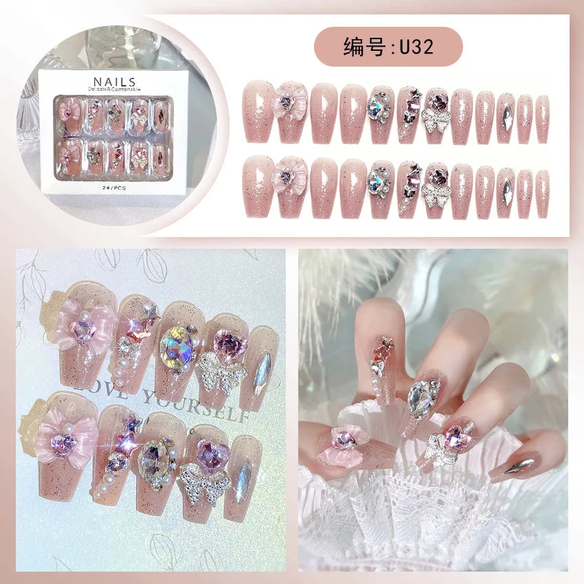 Kawaii Bunny Blossom 🌸✨ 24pcs Pink Flower Rhinestone Coffin Press-On Nails - Acrylic Nail Art for a Cute Touch! 🐰💖