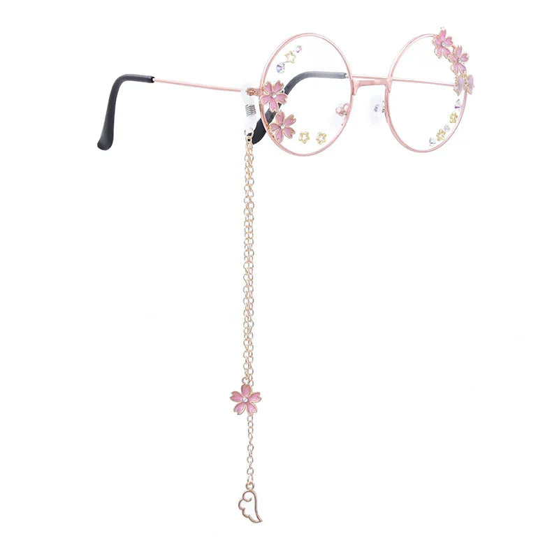 Kawaii Round Glasses with Sakura Chain 🌸✨ Cute Retro Eyewear for Cosplay & Daily Wear 👓💖