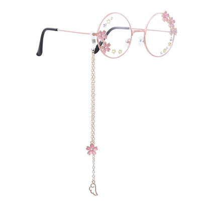 Kawaii Round Glasses with Sakura Chain 🌸✨ Cute Retro Eyewear for Cosplay & Daily Wear 👓💖