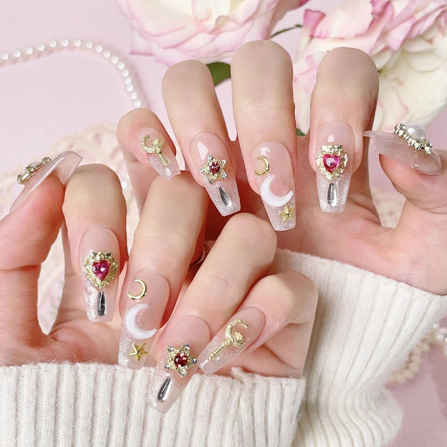 Kawaii 3D Press-On Nails Set 💖✨ - 10Pcs with Love Hearts, Moon, Butterfly & Rhinestones 🌙🦋 - Perfect for Nail Art Lovers!