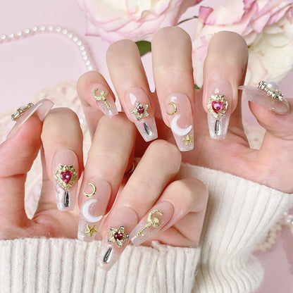 Kawaii 3D Press-On Nails Set 💖✨ - 10Pcs with Love Hearts, Moon, Butterfly & Rhinestones 🌙🦋 - Perfect for Nail Art Lovers!