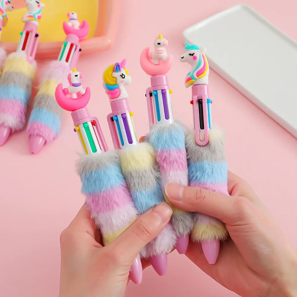 Kawaii Unicorn Plush Gel Pens Set 🎨✨ | 6 Colorful Rainbow Ballpoint Pens for Kids 🌈 | Adorable Handwriting Tools for School & Fun! 🦄💖