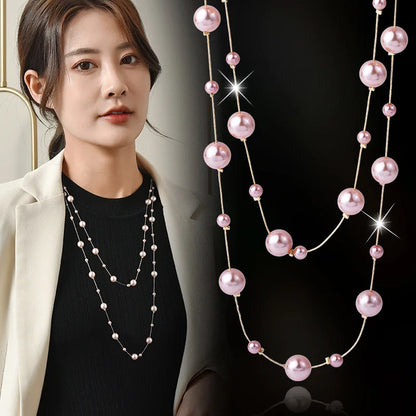 Pink Double Layer Pearl Necklace for Women Sweater Chain Long Statement 💗✨