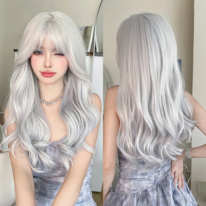 Kawaii Dreamy Sakura Pink Wavy Wig 🌸✨ | High-Density Curly Hair with Bangs for Sweet Girls 💖🎀