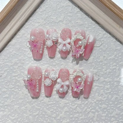 Kawaii 3D Press-On Nails Set 💖✨ - 10Pcs with Love Hearts, Moon, Butterfly & Rhinestones 🌙🦋 - Perfect for Nail Art Lovers!