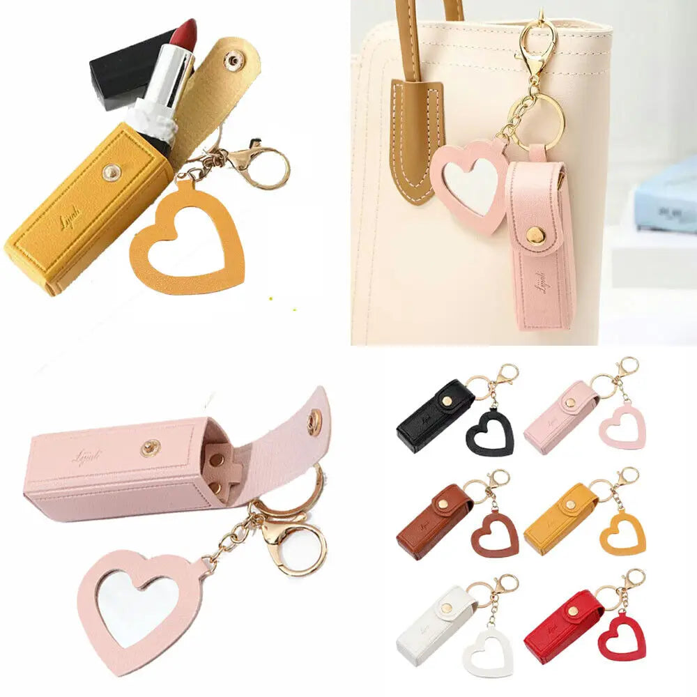 Kawaii Leather Lipstick Keychain Pouch 💄✨ - Cute Makeup Holder with Mirror & Zipper Closure! 👜💕