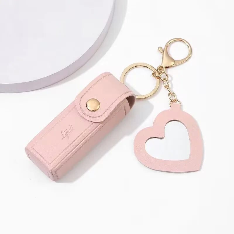 Kawaii Leather Lipstick Keychain Pouch 💄✨ - Cute Makeup Holder with Mirror & Zipper Closure! 👜💕