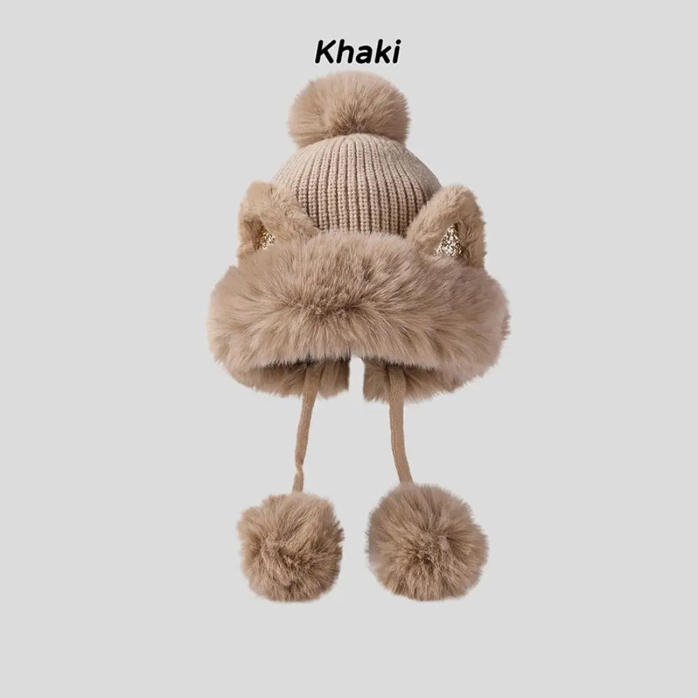 Cozy Cat Ear Beanie Hat For Women Warm Knit Two Fluffy Earflap Snow Beanie 🐱❄️