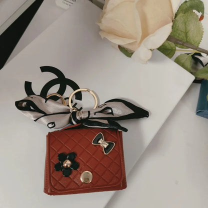 Korean Floral Bow Earphone Storage Keychain Bag Charm Leather Coin Purse 💖👜