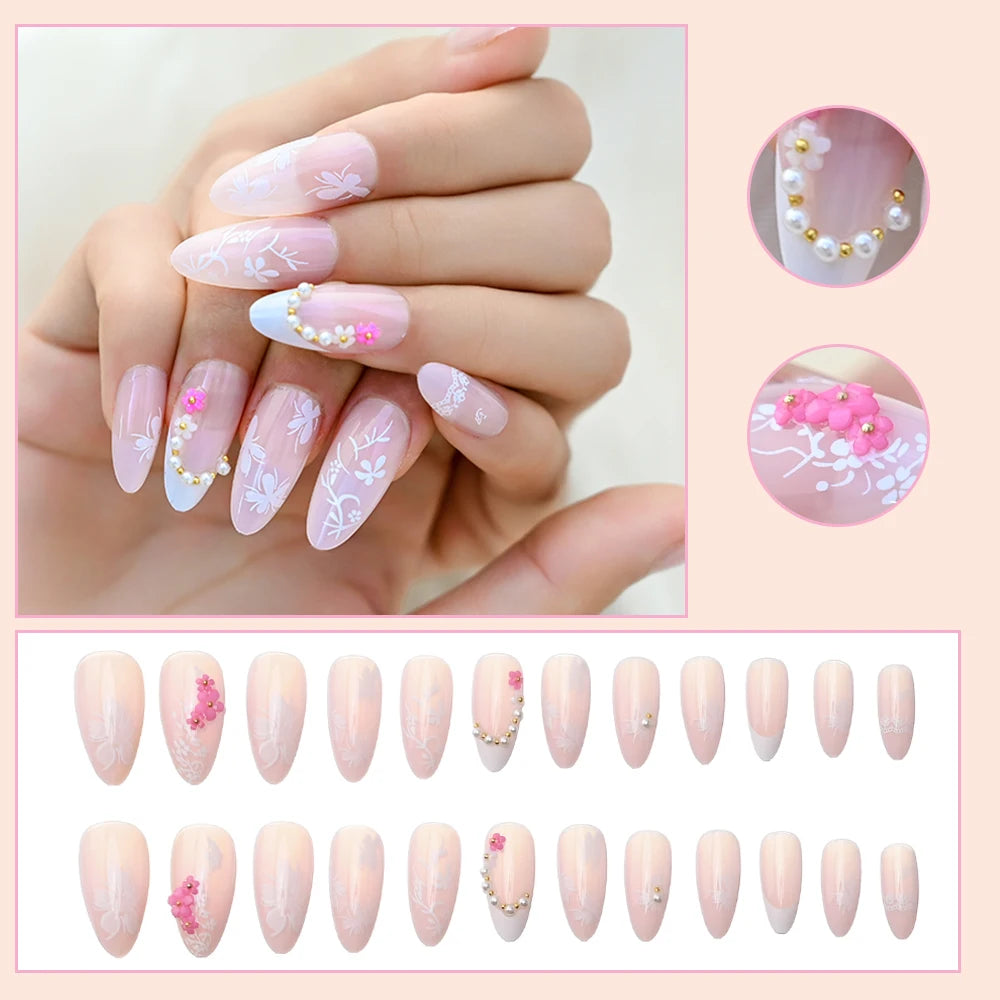 Kawaii Blush Pink 3D Bowknot & Pearl Press-On Nails 💖✨ | 24pcs Adorable Fake Nail Tips for Cute DIY Manicures!