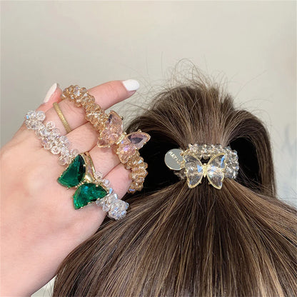 Kawaii Crystal Butterfly Hair Tie 🦋✨ | Luxurious Beaded Elastic Hair Band for Women & Girls | Exquisite Ponytail Accessory 🎀