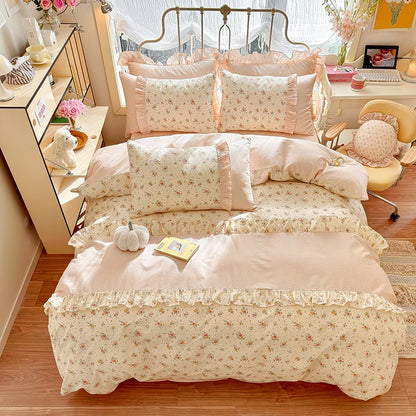 Kawaii 3-Piece Cotton Duvet Cover Set 🌸✨ (Duvet Cover + 2 Pillowcases) - Soft Floral Bedding with Korean Lace 🛏️💖