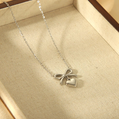 Kawaii Bow Heart Pendant Necklace 💖✨ | Dainty 18K Gold Plated Stainless Steel Jewelry for Women 🌟🎀