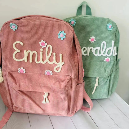 Kawaii Custom Name Backpack 🎒✨ | Adorable Embroidered Corduroy School Bag for Kids 🌈💕 | Perfect for Back to School!