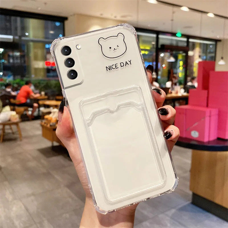 ✨ Adorable Transparent Bear Card Holder Case for Samsung Galaxy S22/S21/S20 FE/S10/S10e/Note 10/20 Plus Ultra 🐻💕