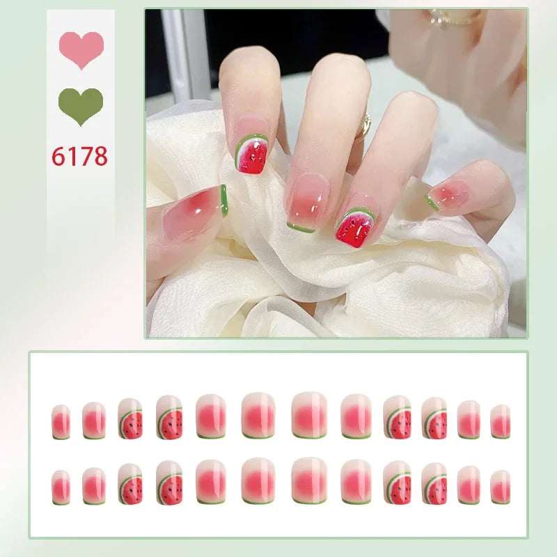 Kawaii Watermelon Dreams 🍉✨ | 24Pcs Cute Press-On Coffin Nails for Women & Girls 💅🎀