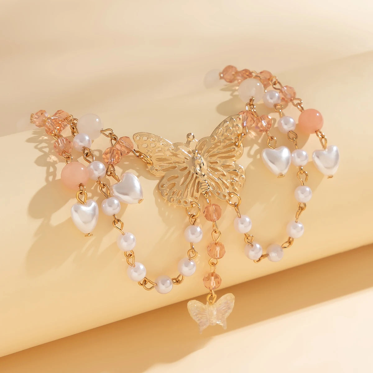 Kawaii Butterfly Love Heart Pendant Necklace ✨🌸 | Y2K Choker with Imitation Pearls & Tassel Charm for Women 🦋💕