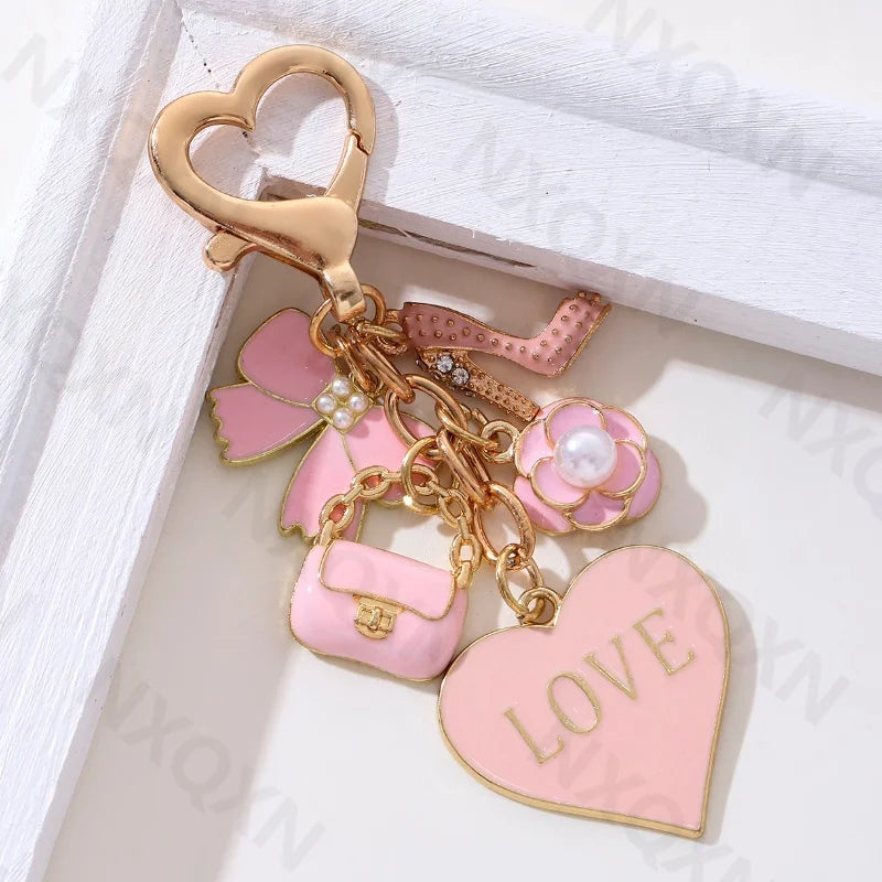 Kawaii Pink Heart Flower Bow Knot Enamel Keychain 🌸💖 Cute Fashion Accessory for Women & Girls - Handmade Birthday Gift! 🎁