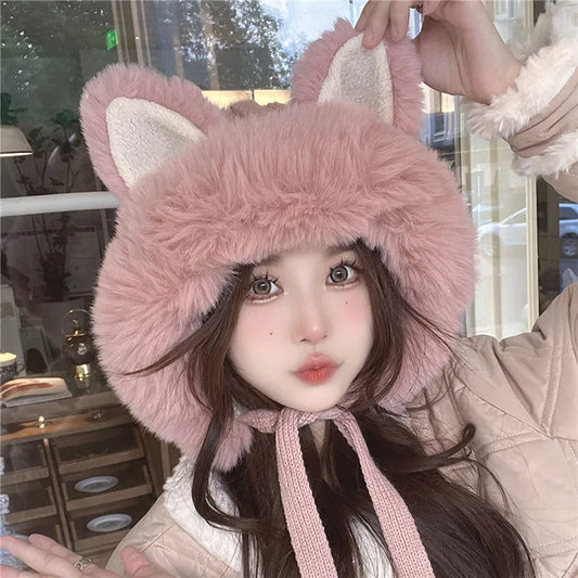 Kawaii Fox Ear Plush Hat 🦊❄️ Cozy Winter Warmth for Ladies!