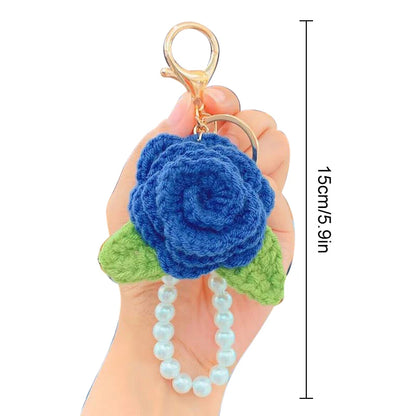 Fluffy Knit Rose Keychain Crochet Flower Pendant With Pearl Wrist Strap 🎀🌸🧶
