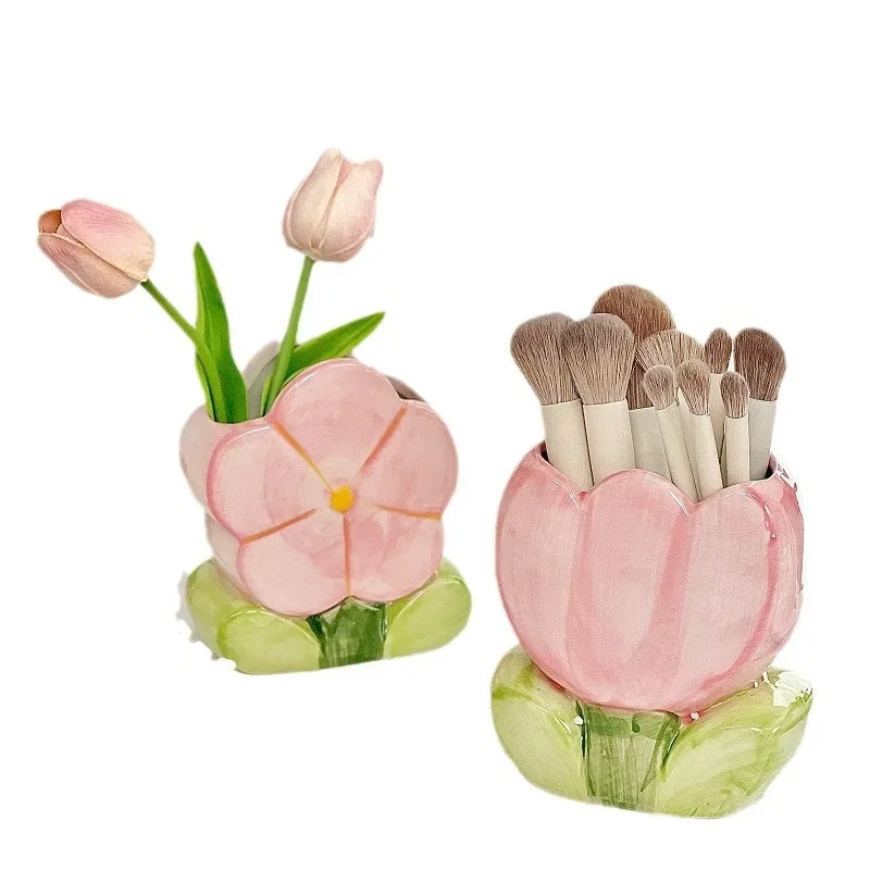 Kawaii Ceramic Flower Pen Holder 🌸 Cute Girl Desktop Organizer 🖊️ Adorable Office Storage Box 💖
