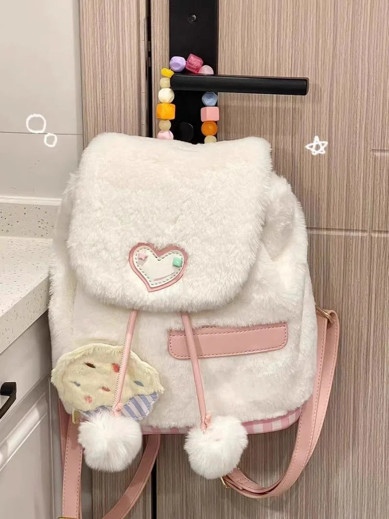 Kawaii Plush Heart Plaid Backpack 🎒✨ Cute Mochila for Students & Commuters 💖 All-match Women's School Bag!