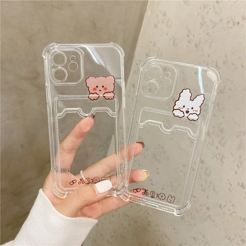 ✨ Adorable Transparent Bear Card Holder Case for Samsung Galaxy S22/S21/S20 FE/S10/S10e/Note 10/20 Plus Ultra 🐻💕