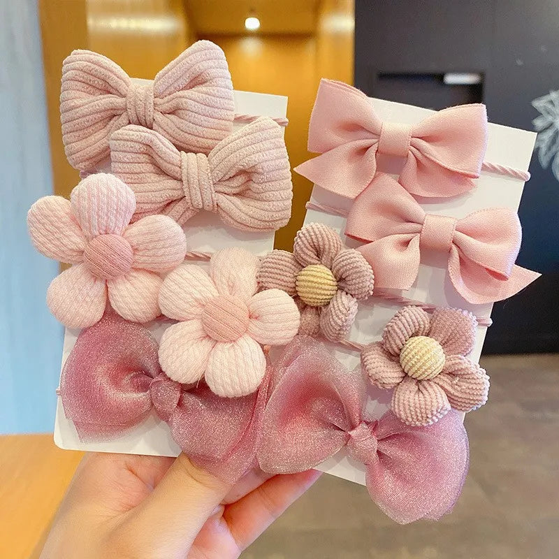 Kawaii 10-Piece Floral Bow Hairbands 🌸✨ | Adorable Elastic Hair Ties for Girls 🎀💕 | Stylish Kids' Headwear Accessories