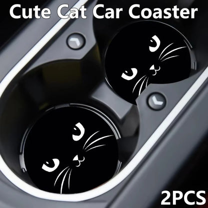 Kawaii Cat Cup Holder Mats 🐾 - 2PC Non-Slip Rubber Coasters for Your Car 🐱✨