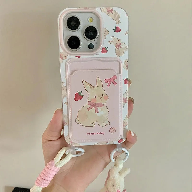 🍓🐰 Adorable Strawberry Bunny Phone Case with Lanyard for iPhone 15 & 14 Plus! 🌟📱