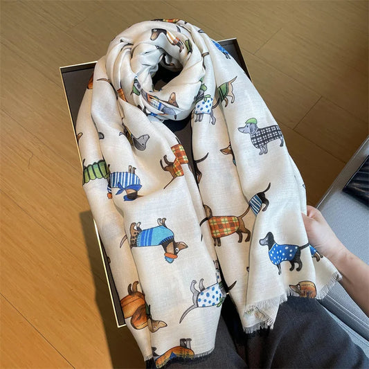 Charming Dachshund Pattern Fringe Scarf Hijab Soft Viscose Shawl Wrap 🐶✨