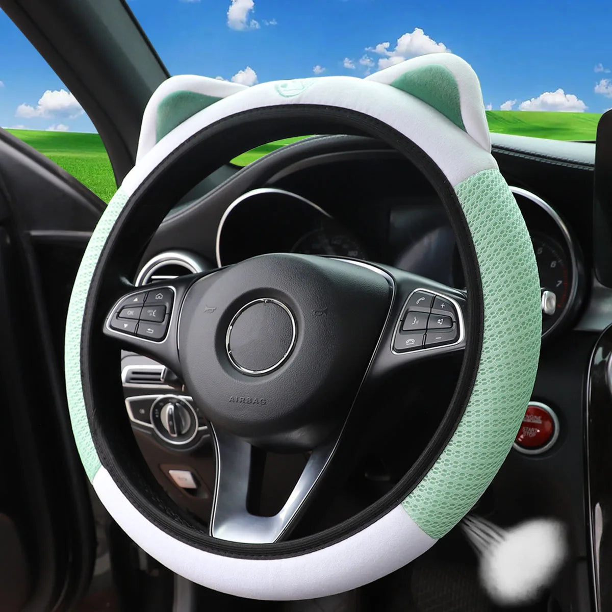 Kawaii Cat-Themed Breathable Steering Wheel Cover 🐾✨ | Fits 14.5-15 Inch Wheels | Cute Mesh Cloth Design