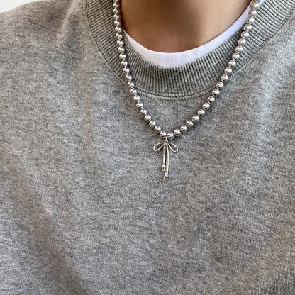Kawaii Grey Pearl Bow Necklace & Earrings Set 🌸✨ Cute Handmade Jewelry for Trendy Women