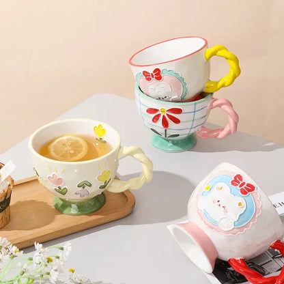 Charming Kawaii 450ml Hand-Painted Ceramic Mug ☕️✨ Cute Breakfast Oatmeal Cup for Joyful Mornings! 🎉