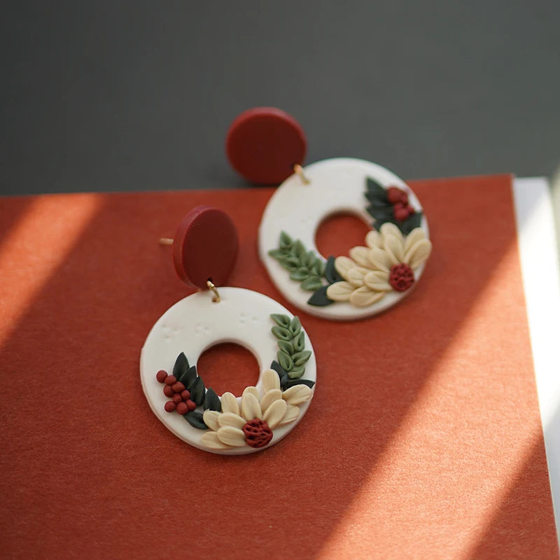 Handmade Floral Wreath Polymer Clay Pattern Earrings Set Multi Color Christmas Dangle Jewelry 🎄🌸✨