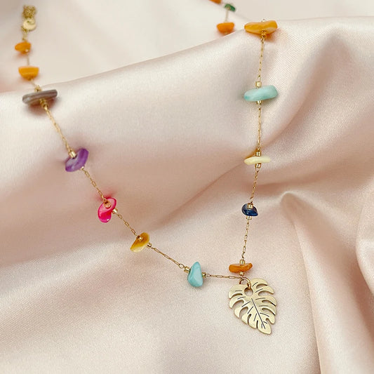 Gravel Leaf Pendant Necklace In Assorted Colors Resort Style ✨🌿 Playful Stainless Steel For Women Gift