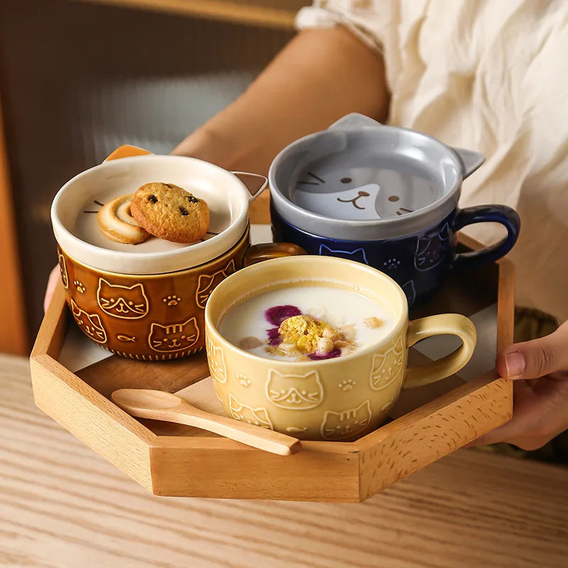 Kawaii Cat Coffee Mug ☕️🐱 - Cute Ceramic Cup with Lid for Breakfast & Milk! 🌸💕