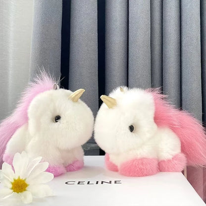 Kawaii Fluffy Unicorn Keychain Charm 🦄✨ Real Rabbit Fur Backpack Clip & Handbag Accessory for Girls & Women
