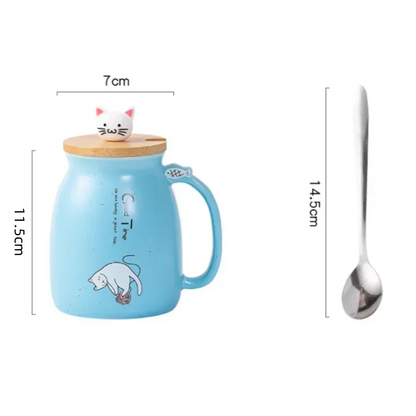 Kawaii Cat Ceramic Mug with Wooden Lid & Spoon 🐾💕 | Adorable Heat-Resistant Drinkware for Milk, Yogurt & More! 🍶✨