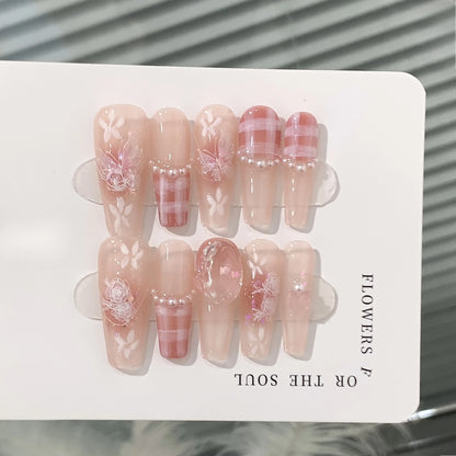 Kawaii Cherry Blossom Cat Eye Coffin Nails 🌸✨ | 10pcs Handmade Press-On Manicure Set 💖💅