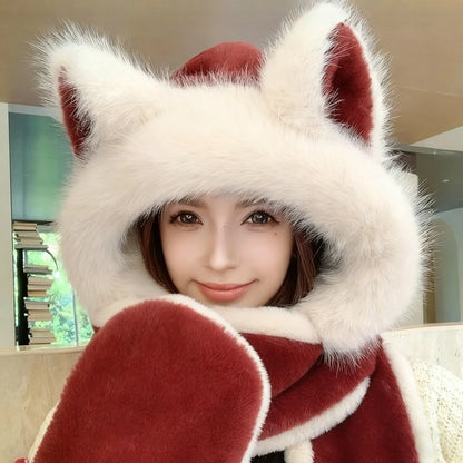 Plush Wolf Ear Hat Set With Scarf And Gloves For Winter Warmth 🐺🧣🧤❄️