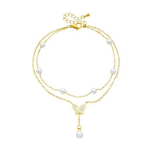 Kawaii Charm Anklet 🌸✨ - 2-Layer Pearl & Butterfly Shells, Trendy Beach Jewelry for Stylish Ladies 🦋💖