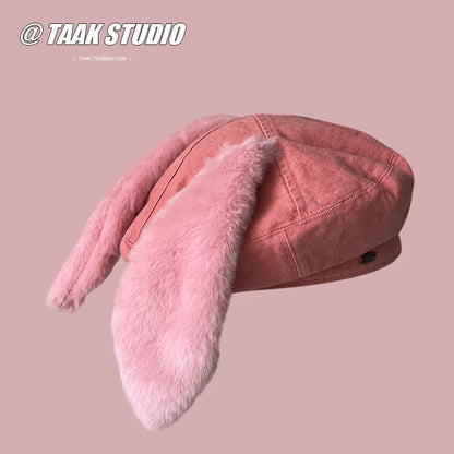 Denim Bunny Ear Beret For Women Winter Hat Cute Casual Cartoon Newsboy Style 🐰