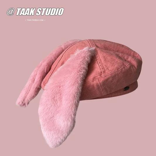 Denim Bunny Ear Beret For Women Winter Hat Cute Casual Cartoon Newsboy Style 🐰