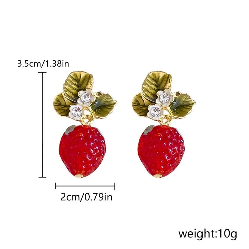 Kawaii Strawberry Blossom Drop Earrings 🍓✨ | Cute 3D Fruit & Leaf Jewelry for Girls 🌼💖