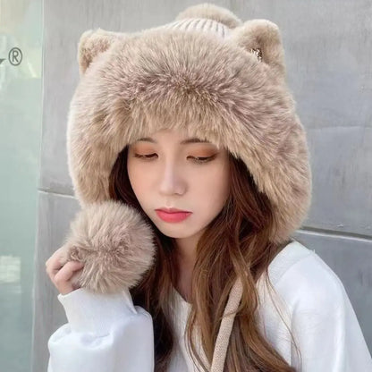 Cozy Cat Ear Beanie Hat For Women Warm Knit Two Fluffy Earflap Snow Beanie 🐱❄️