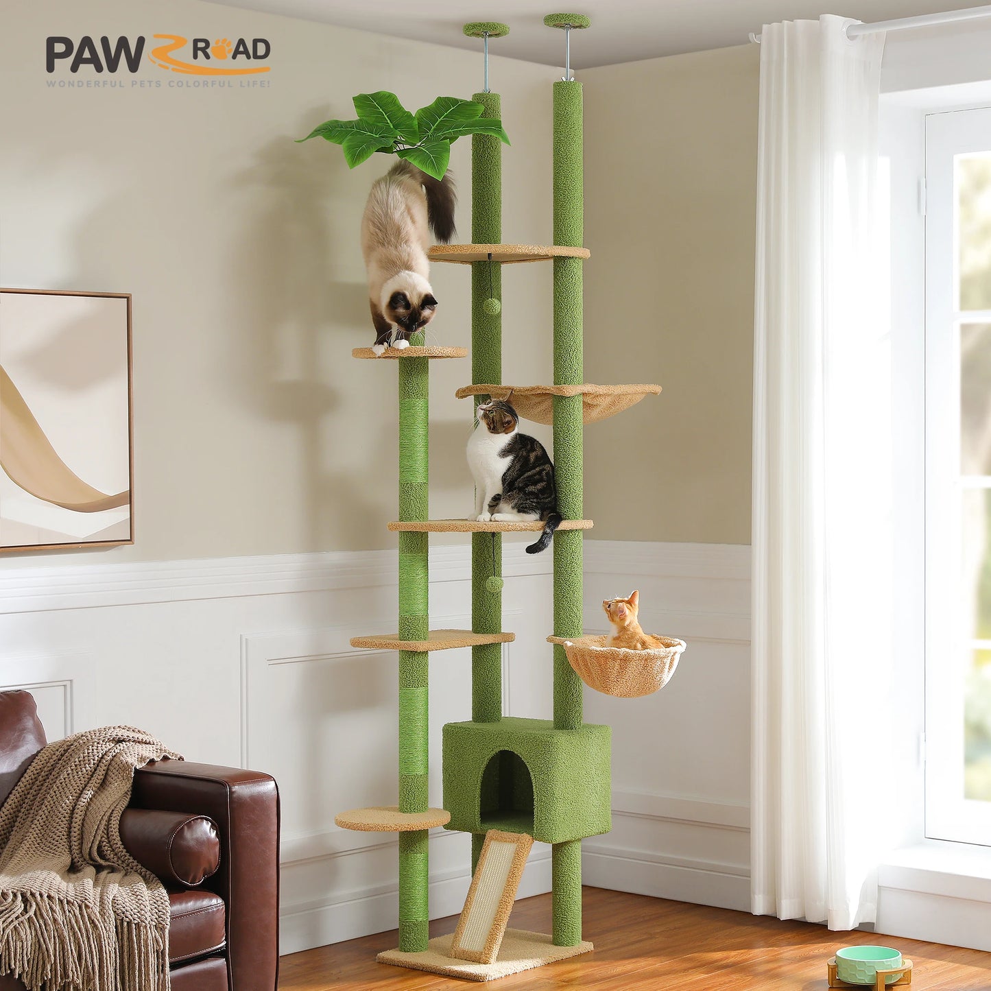 Cactus Cat Tree Floor To Ceiling Tower With Adjustable Height And Hammock 🐱🐾